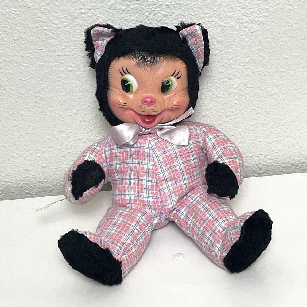 Vintage 1950s GUND Rubber Face Black Cat 13" Plush Plaid Stuffed Doll RARE